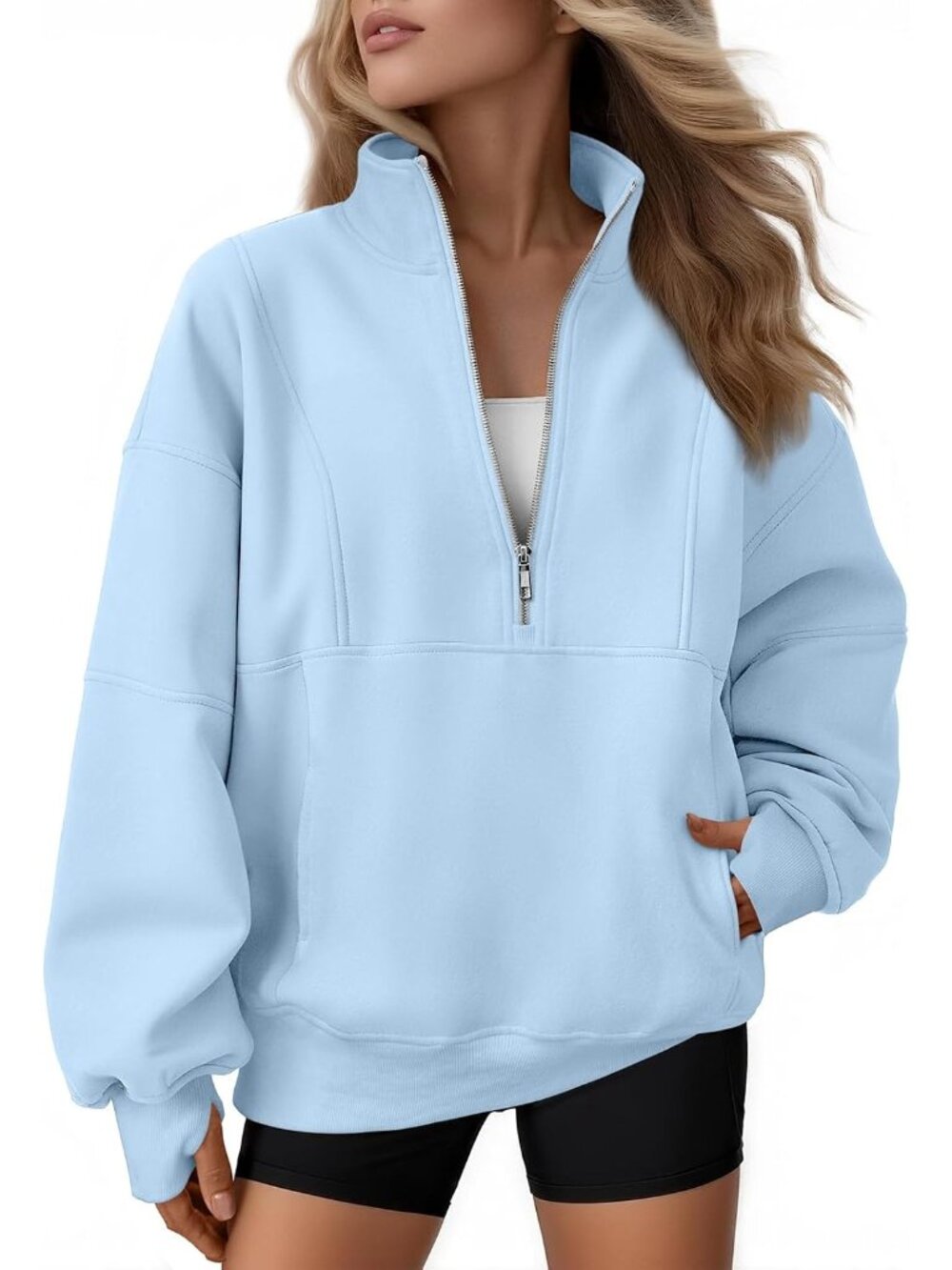 〽️Women Light Blue Quarter Zip Oversized Fleece Mock Neck Pullover Hoodie Jacket
